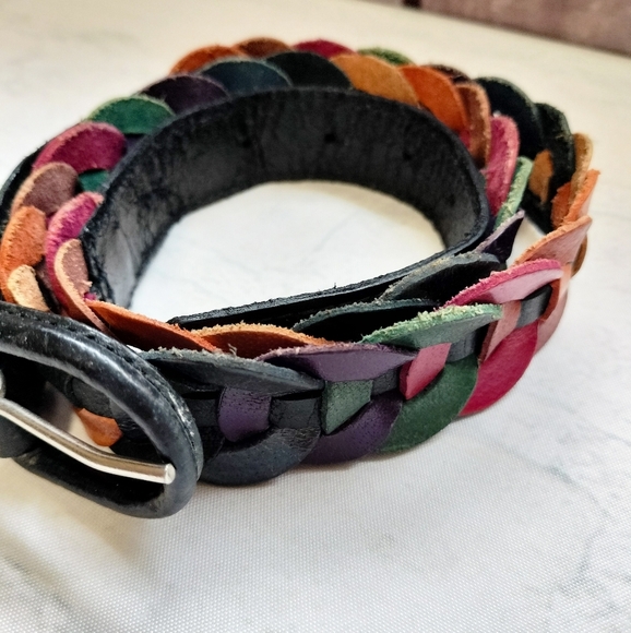 Multicolor Braided Genuine Leather Belt Black Buckle Adjustable - Picture 2 of 11
